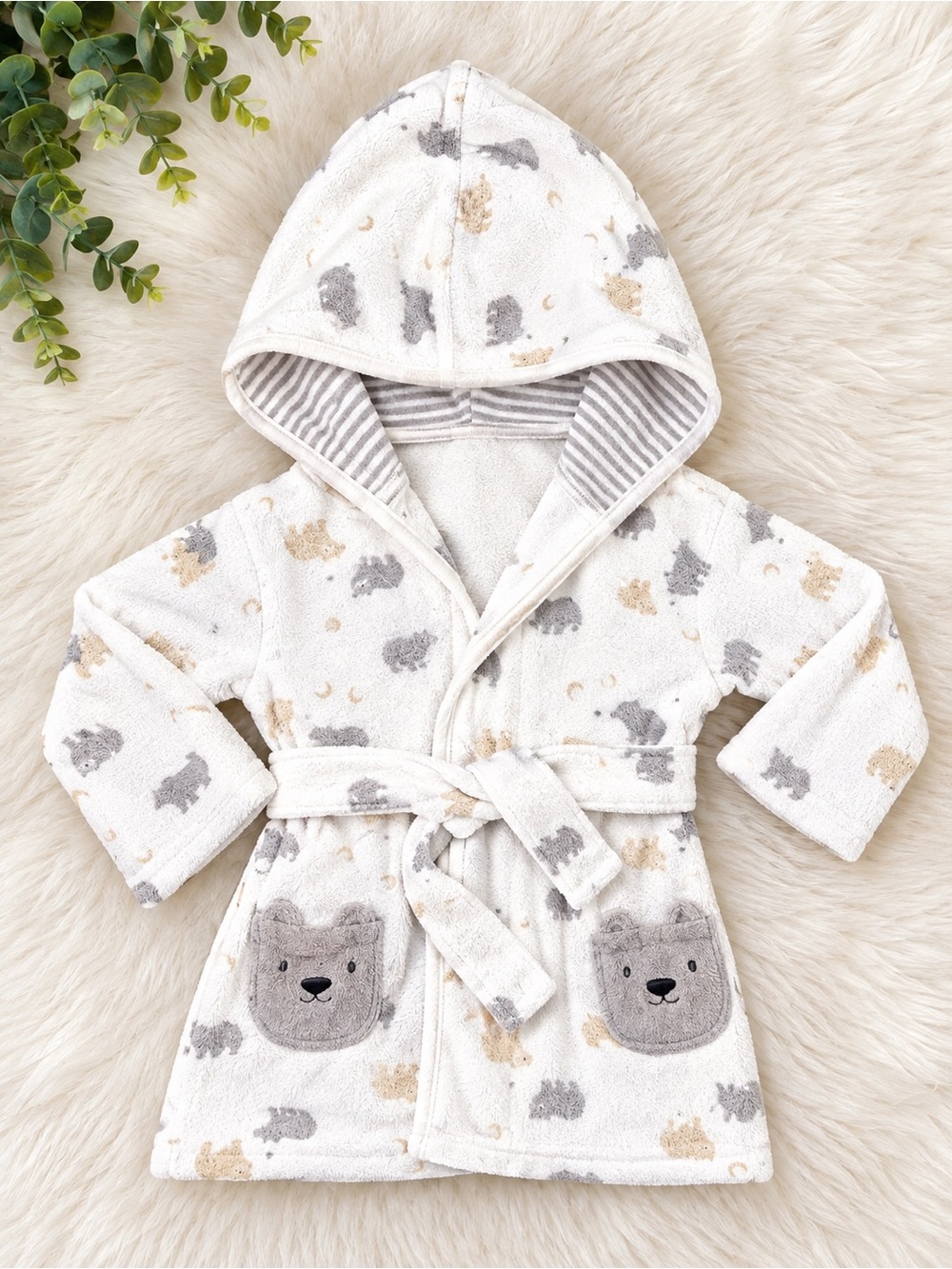 Carter's White Hooded Kids Robe with Gray and Cream Bear Motif